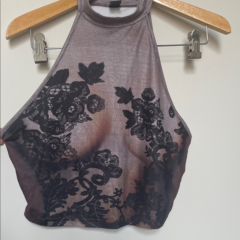 SHEIN Black and Brown Floral Mesh Crop Top